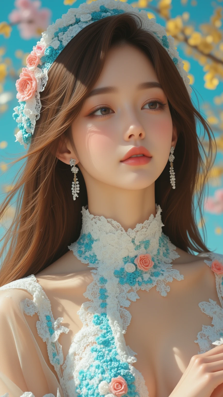 (((Medium hair))), best qualtiy, 8K, hdr, A high resolution, absurderes:1.2, blur backgroun, Background bokeh:1.2, photography of, (RAW photo:1.2), (真实感:1.4), (Masterpiece:1.3), (complexdetails:1.2), 1girll, 独奏, japanaese girl, delicated, Beautiful detailed, (Detailed eyes), (Detailed facial features), Bigboobs, (((Large breasts))), Skin Firm, (Looking_at_peeping at the viewer), From_Front, （being thin），（best qualtiy：1.4），（超A high resolution：1.2），cinematic lighitnglamplight，（Extremely detailed illustration），（Gloss on lips，best qualtiy，超A high resolution，depth of fields，Caustics，Extensive illumination，naturalshadow，85mm， f/1.4, iso 200, 1/160s:0.75),1girll, Solo, (((Silk vest))) Smile, ((silk garment,pleatedskirt,‎Classroom))