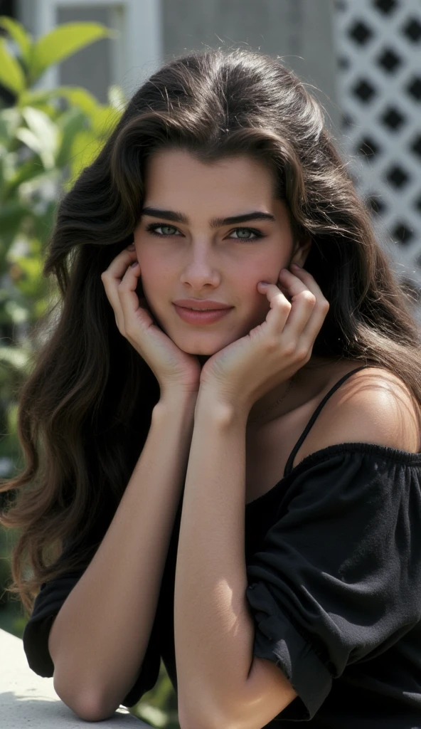 "A young woman sitting in a relaxed posture with her hands framing her face, wearing a fitted black, off-shoulder long-sleeve top. She has long, straight black hair and striking light blue eyes. The setting is an outdoor area with a lattice structure and green plants in the background. The lighting is soft and natural, with a warm ambiance. Theoverall mood is serene and reflective, captured in a portrait format with a shallow depth of field to softly blur the background."


