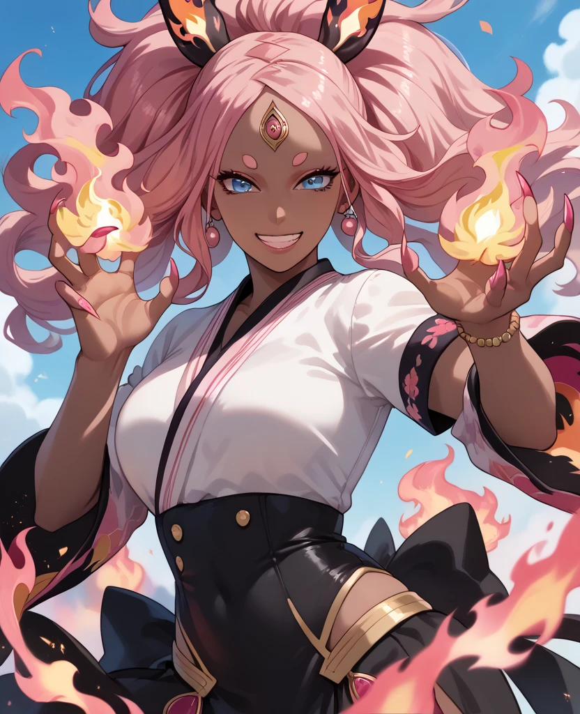 Supersayajin Ultra woman, diamond gradient pink hair, red eyes with black outlines and painted around the eyes, large eyelashes, red gradient clothing with black dragon tatoon print, half open mouth, fighting with the yellow haired supersayajin, lots of fury against enemy, scenery in heaven and earth destroying everything