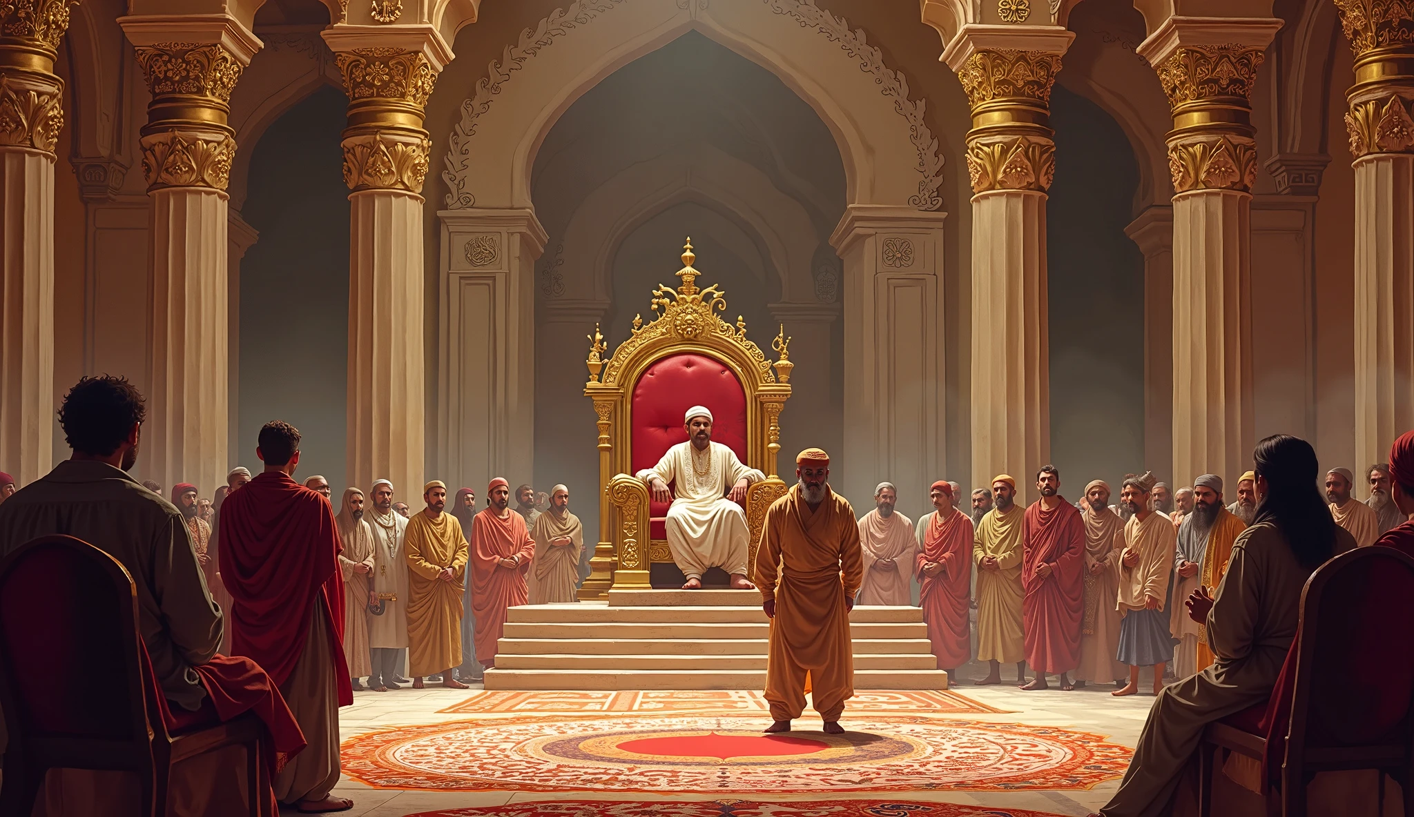 A grand royal court with Mughal architecture, featuring a majestic throne where Emperor Akbar sits in the center, surrounded by his courtiers. The room is richly decorated with intricate patterns, large pillars, and vibrant carpets. Akbar is dressed in regal attire, looking serious and thoughtful. The courtiers, dressed in traditional Mughal clothing, are attentive, waiting for the Emperor to speak. In the background, ornate windows allow soft sunlight to illuminate the room.