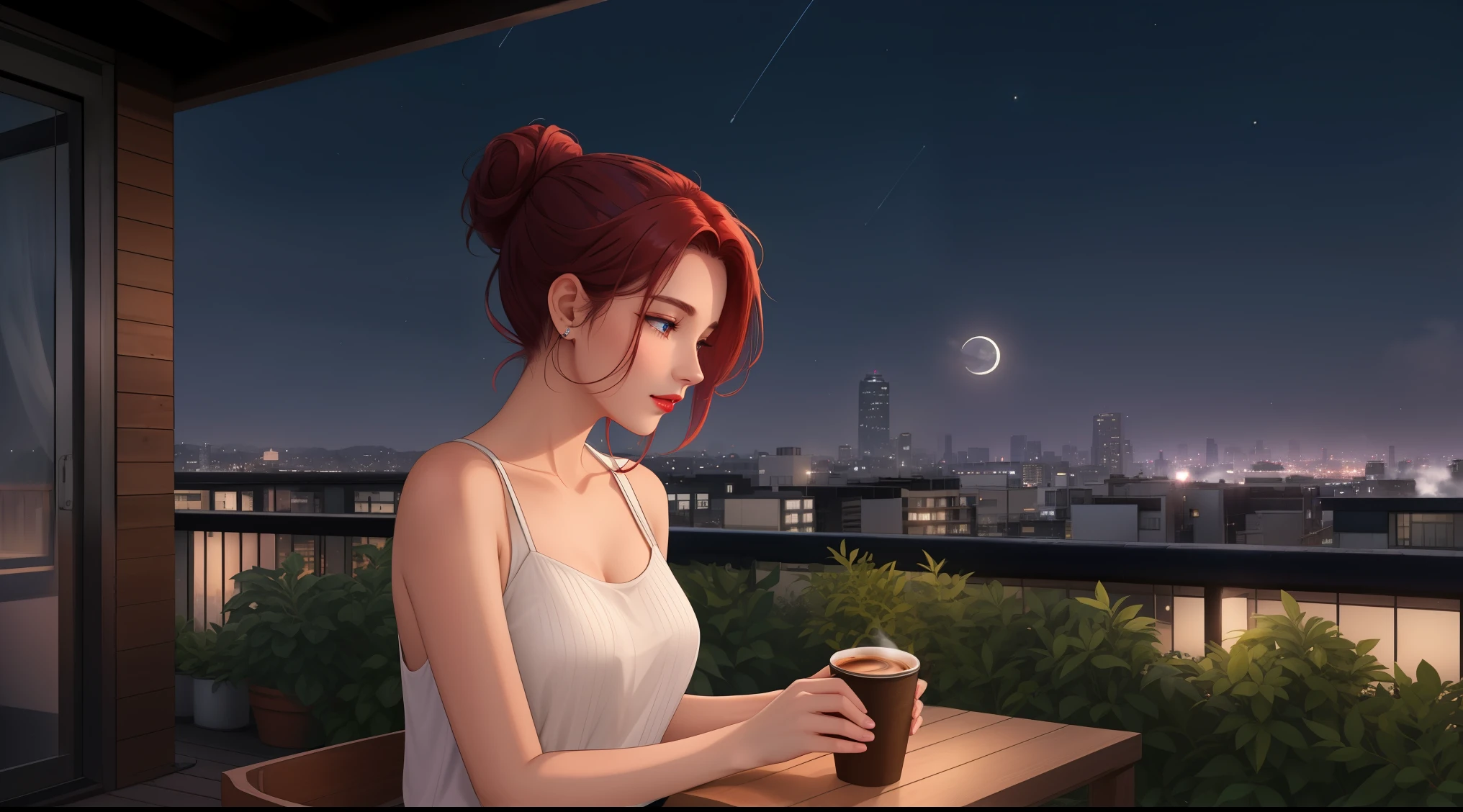 "A serene and confident woman sits on a rooftop at night, her auburn hair tied in a relaxed messy bun with subtle purple streaks framing her face. Her piercing blue eyes glow faintly under the soft illumination of a bright full moon, and her naturally red lips add vibrancy to her calm demeanor. She wears a casual outfit consisting of a white tank top and short denim jeans, exuding effortless style and comfort. The rooftop is minimalist yet inviting, with a small wooden table adorned with a steaming coffee cup and a tiny potted plant, adding a cozy touch. Around her, the urban cityscape shimmers with warm ambient lights, blending seamlessly with patches of greenery and the tranquil night sky. The air is quiet, broken only by distant urban sounds, while the clear, starlit heavens and glowing moon provide a tranquil backdrop. The atmosphere is a perfect harmony of casual elegance and urban serenity, capturing the essence of a moment where modernity meets the timeless beauty of the night."
