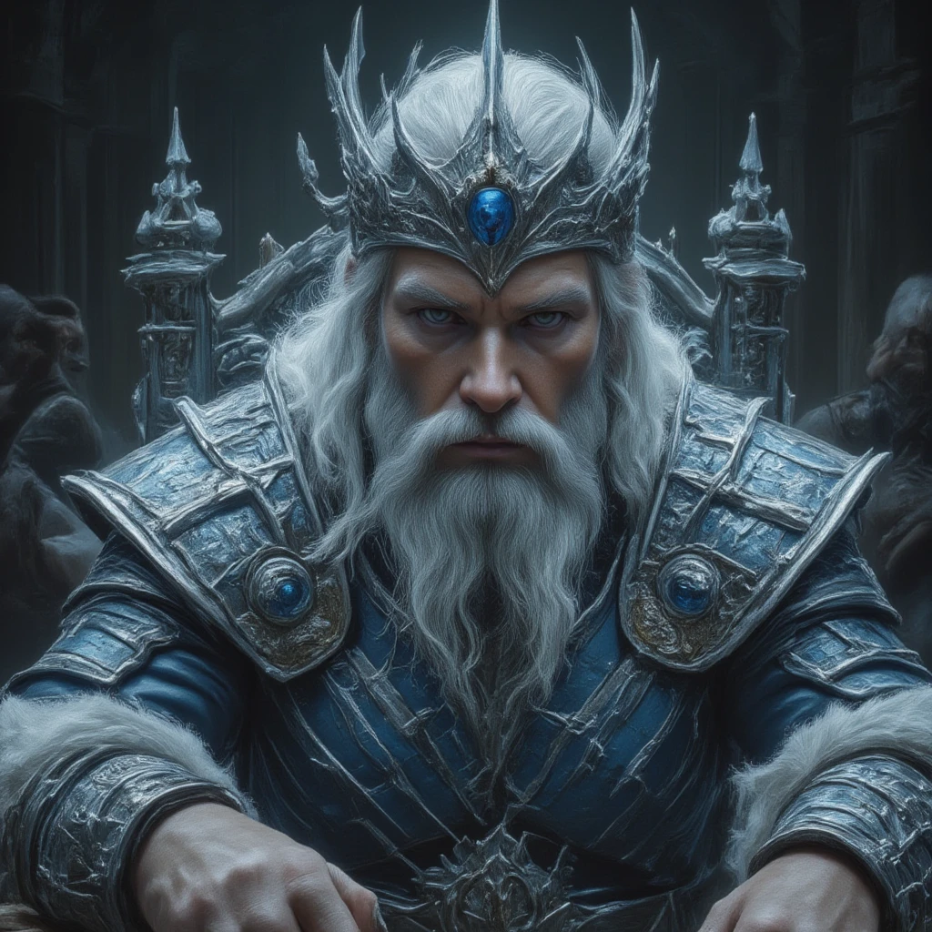 Realistic Photo of young warrior viking king, wearing steel scale and lamellar, white wolf fur coar, silver crown with sapphires, winged crown, crown with silver wings, blue eyes, silver grey hair, short hair, silver grey long beard, squared jaw, rugged facial fratures, long face, intense intimidating gaze, thin nose, seating on a silver throne, on a Bizantine mediterranean throne room