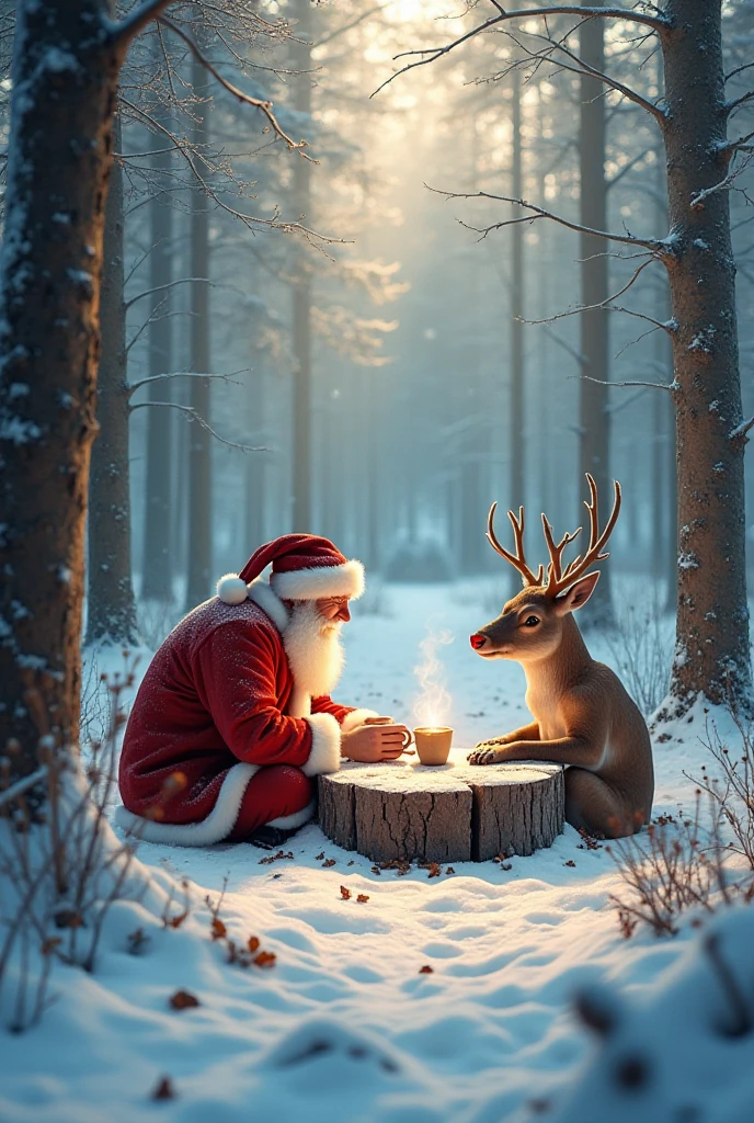  In the middle of a silent forest ,  blanketed in white snow glittering in the gentle rays of the winter sun , Santa Claus duduk dengan santai di atas sebuah batang pohon besar yang tumbang. Around her ,  some faithful reindeer ,  including Rudolf with his distinctive red nose ,  sat round ,  enjoys a warm atmosphere despite the cold air biting .

 Thin smoke billows from the cups of warm coffee they hold ,  spreading a fragrant scent which mixes with the freshness of the forest air . Santa Claus,  with his bushy white beard and striking red coat ,  smiled warm while joking with the reindeer ,  tells the stories of Christmas Eve that has passed .  The deer listened attentively ,  their ears erect ,  occasionally nodding or respawning lightly ,  as if understanding every word .

 Around them ,  tall trees standing like eternal guardians ,  decorated by snow hanging softly on its branches .  Some small birds chirping softly ,  while the snow bunny passed carefully ,  adds a touch of life to a peaceful landscape .  They wait eagerly for Christmas Eve to arrive ,  as they would fly across the night sky ,  brought joy and hope to the whole world . For a moment ,  time felt stopped ,  giving room for the warmth of friendship and peace before the big task begins.