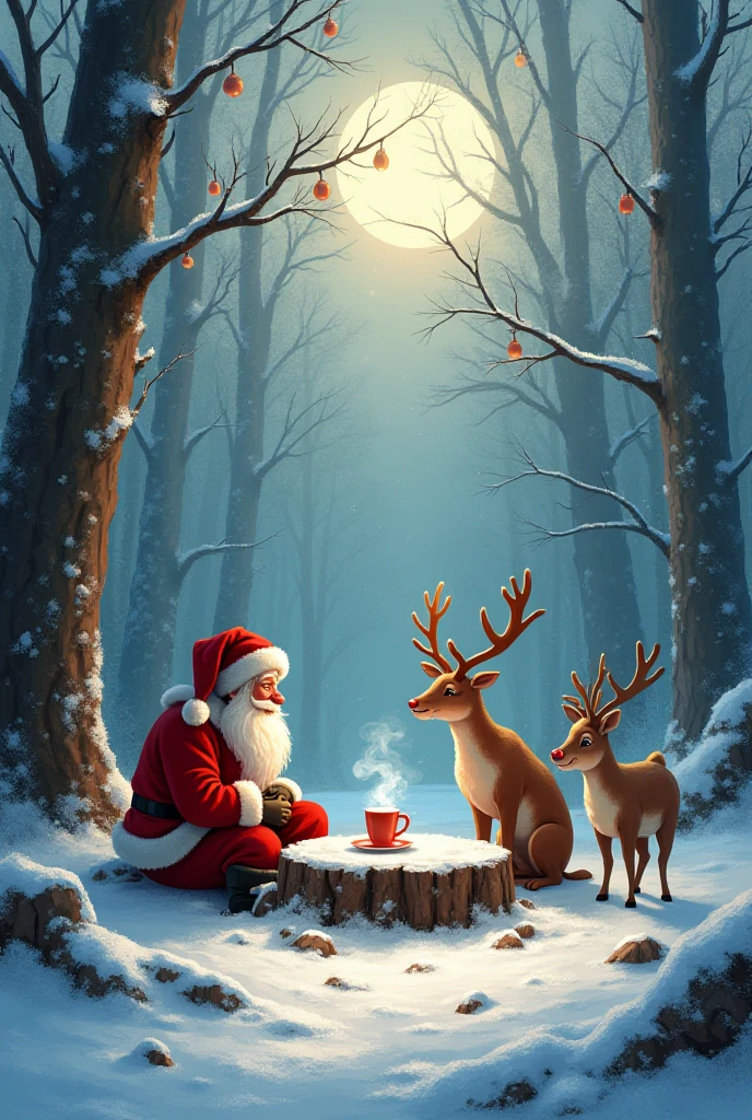  In the middle of a silent forest ,  blanketed in white snow glittering in the gentle rays of the winter sun , Santa Claus duduk dengan santai di atas sebuah batang pohon besar yang tumbang. Around her ,  some faithful reindeer ,  including Rudolf with his distinctive red nose ,  sat round ,  enjoys a warm atmosphere despite the cold air biting .

 Thin smoke billows from the cups of warm coffee they hold ,  spreading a fragrant scent which mixes with the freshness of the forest air . Santa Claus,  with his bushy white beard and striking red coat ,  smiled warm while joking with the reindeer ,  tells the stories of Christmas Eve that has passed .  The deer listened attentively ,  their ears erect ,  occasionally nodding or respawning lightly ,  as if understanding every word .

 Around them ,  tall trees standing like eternal guardians ,  decorated by snow hanging softly on its branches .  Some small birds chirping softly ,  while the snow bunny passed carefully ,  adds a touch of life to a peaceful landscape .  They wait eagerly for Christmas Eve to arrive ,  as they would fly across the night sky ,  brought joy and hope to the whole world . For a moment ,  time felt stopped ,  giving room for the warmth of friendship and peace before the big task begins.