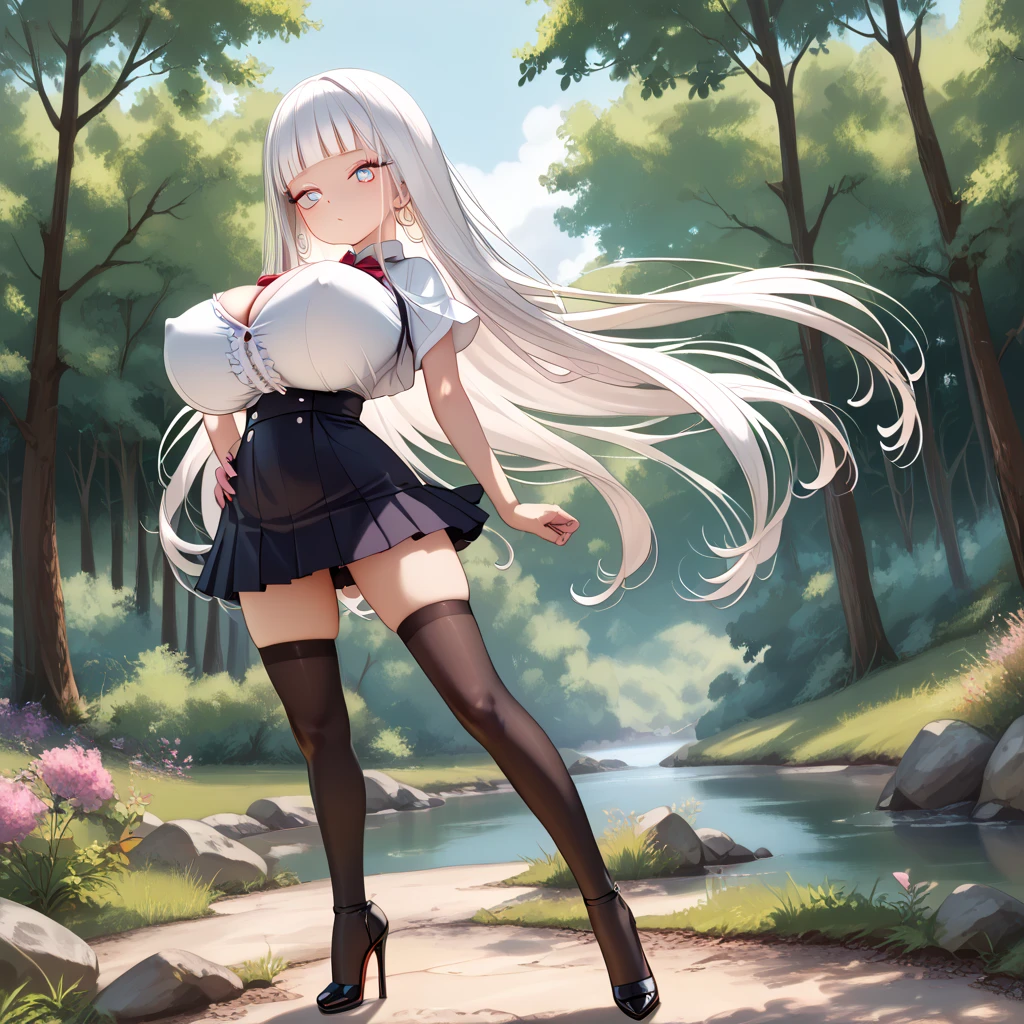 beautiful detailed, (detailed face), ultra high resolution, masterpiece, BREAK, landscape, forest, floating light circles, BREAK, (solo), (1 very perite girl standing:1.4), skinny, BREAK, swaying back, BREAK, (bouncing huge breasts), (downing arms backward:1.2), arms behind back, hands behind hip, tiptoe, looking at viewer, BREAK, shiny white hair, absurdly long hair, (straight hair:1.2), long blunt bangs, long sidelocks, (glowing multicolored eyes), (sanpaku eyes), expressionless, BREAK, narrow shoulders, (too short torso:1.2), (bursting disproportionately huge breasts:1.3), long breasts like missile, (too narrow skinny waist:1.3), (too short waist:1.3), (skinny legs:1.2), long legs, BREAK, black frilled black capelet, (frilled white shirts with open chest wide:1.2), (cleavage), frilled black short high-waist skirt cinches underbust too tight, too short skirt, thigh gap, (long inky-black thighhighs), stiletto heels, BREAK, orgasm, nose blush, coverd erectile nipples, (white lowleg string panty cinches thighs)