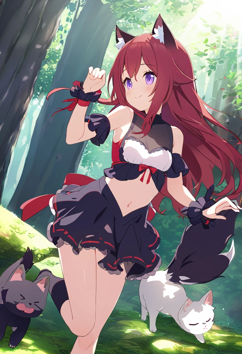  top quality 、 One Girl 、Wolf ears and tail、Cute single tusk、Shiny red hair、 shortcuts、 purple eyes、 in the woods、The sun shines in、 slender body、Slender legs、Tiny breasts、black fur ankles and wristlets、 stomach are exposed、smile、Cat Pose