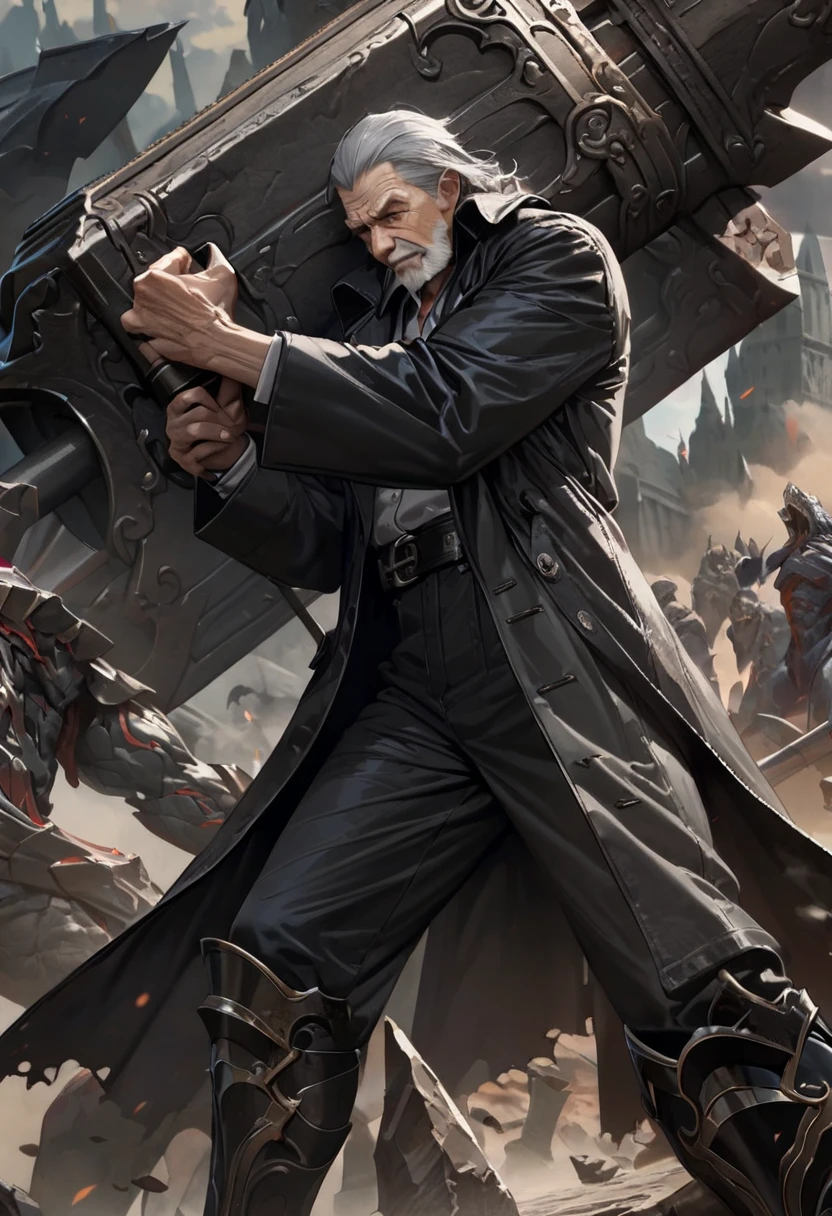 ((UHD, masterpiece, anatomically correct, textured skin, super detail, high details, best quality, highres icon, Detailed and precise manual expression:1.3,  Incredibly Absurd )), 1old man,  an elderly man, Strong build, black trench coat, Iron plate boots, Gray hair standing on end, Fierce face,  Thick Willed Eyebrows ,  Holds a Giant Hammer,  Dynamic Touch 