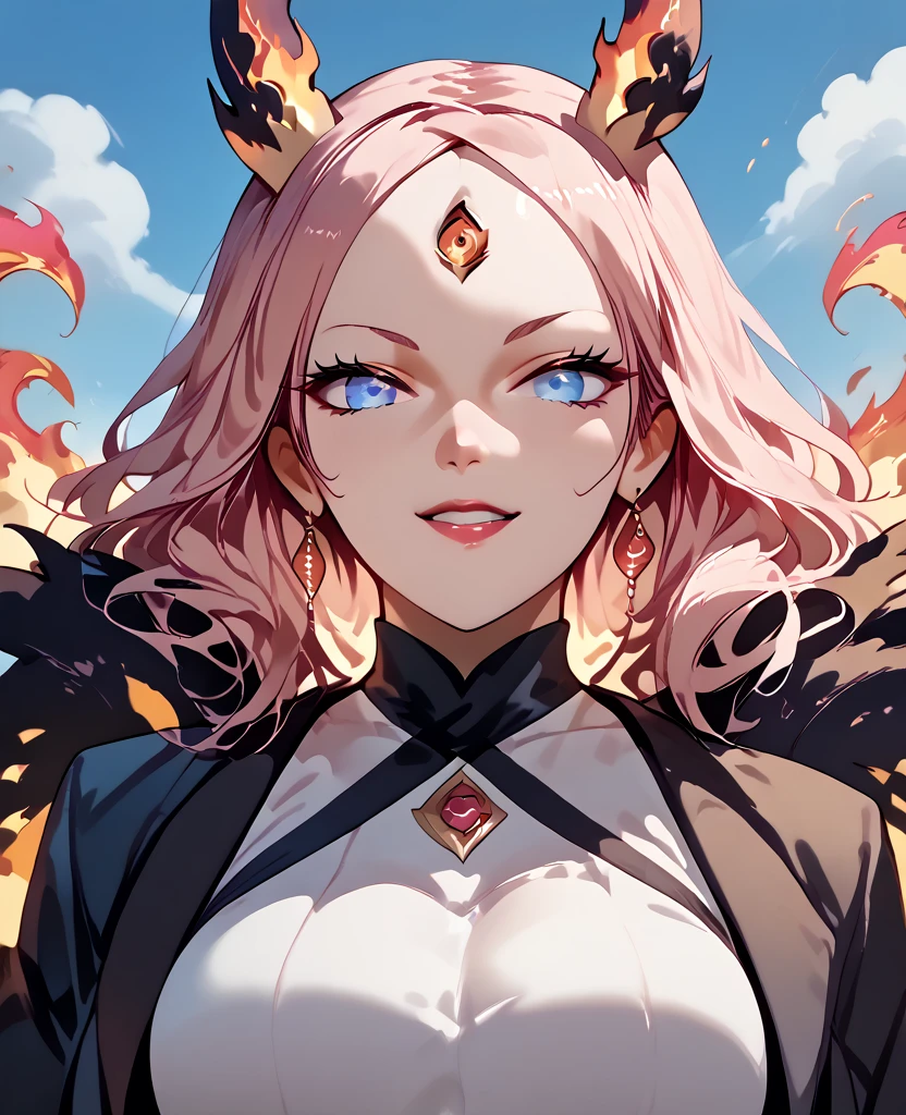 woman, flaming hair, black skin, jentry chau style, anime style, pink fire powers, blue eyes, pink hair, third eye on forehead, voluminous hair, sky, smile, gyaru style, eye on forehead, claws covered in pink fire, pink fire, geisha clothes