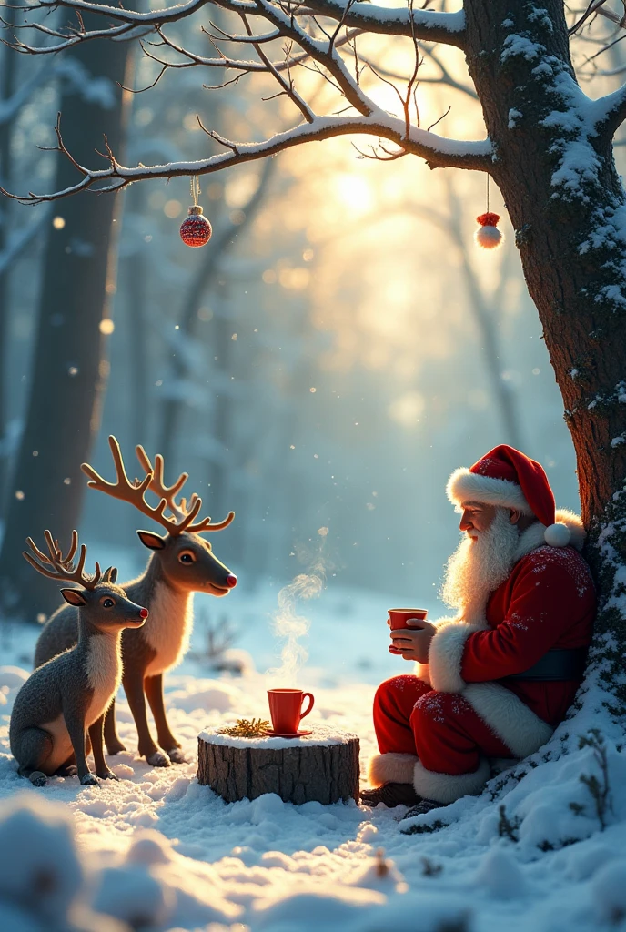  In the middle of a silent forest ,  blanketed in white snow glittering in the gentle rays of the winter sun , Santa Claus duduk dengan santai di atas sebuah batang pohon besar yang tumbang. Around her ,  some faithful reindeer ,  including Rudolf with his distinctive red nose ,  sat round ,  enjoys a warm atmosphere despite the cold air biting .

 Thin smoke billows from the cups of warm coffee they hold ,  spreading a fragrant scent which mixes with the freshness of the forest air . Santa Claus,  with his bushy white beard and striking red coat ,  smiled warm while joking with the reindeer ,  tells the stories of Christmas Eve that has passed .  The deer listened attentively ,  their ears erect ,  occasionally nodding or respawning lightly ,  as if understanding every word .

 Around them ,  tall trees standing like eternal guardians ,  decorated by snow hanging softly on its branches .  Some small birds chirping softly ,  while the snow bunny passed carefully ,  adds a touch of life to a peaceful landscape .  They wait eagerly for Christmas Eve to arrive ,  as they would fly across the night sky ,  brought joy and hope to the whole world . For a moment ,  time felt stopped ,  giving room for the warmth of friendship and peace before the big task begins.