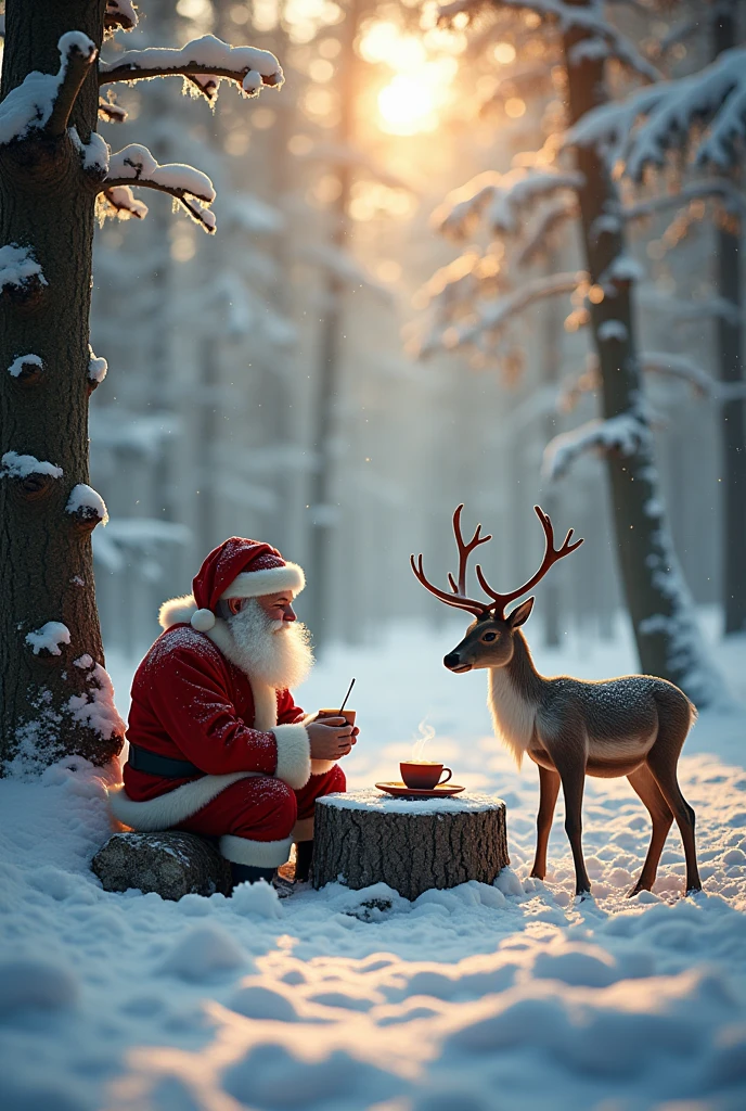  In the middle of a silent forest ,  blanketed in white snow glittering in the gentle rays of the winter sun , Santa Claus duduk dengan santai di atas sebuah batang pohon besar yang tumbang. Around her ,  some faithful reindeer ,  including Rudolf with his distinctive red nose ,  sat round ,  enjoys a warm atmosphere despite the cold air biting .

 Thin smoke billows from the cups of warm coffee they hold ,  spreading a fragrant scent which mixes with the freshness of the forest air . Santa Claus,  with his bushy white beard and striking red coat ,  smiled warm while joking with the reindeer ,  tells the stories of Christmas Eve that has passed .  The deer listened attentively ,  their ears erect ,  occasionally nodding or respawning lightly ,  as if understanding every word .

 Around them ,  tall trees standing like eternal guardians ,  decorated by snow hanging softly on its branches .  Some small birds chirping softly ,  while the snow bunny passed carefully ,  adds a touch of life to a peaceful landscape .  They wait eagerly for Christmas Eve to arrive ,  as they would fly across the night sky ,  brought joy and hope to the whole world . For a moment ,  time felt stopped ,  giving room for the warmth of friendship and peace before the big task begins.