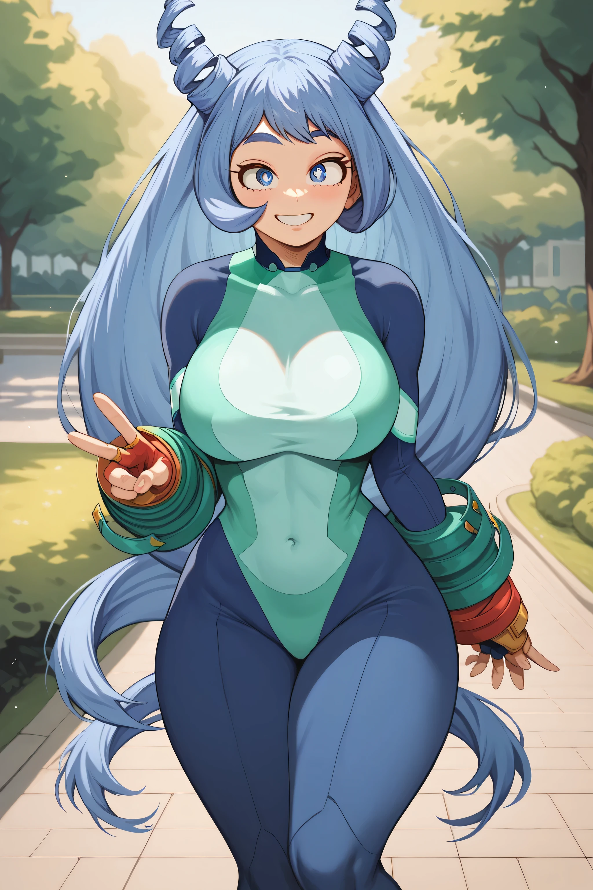 ((hado nejire)), ((masterpiece)), ((high resolution)), ((cartoon style)), ((solo portrait)), {(attractive figure), (large breasts), (beautiful legs), (thick thighs), (round face), (long blue hair), (spiral horns), (blue eyes), (long eyelashes), (small eyebrows), (cute grin)}, {(hero costume), (blue bodysuit), (fingerless gloves)}, {(holding up peace sign)}, ((park))