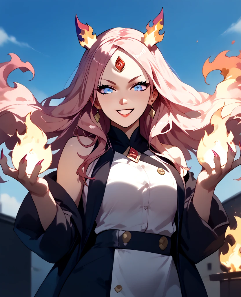 woman, flaming hair, black skin, jentry chau style, anime style, pink fire powers, blue eyes, pink hair, third eye on forehead, voluminous hair, sky, smile, gyaru style, eye on forehead, claws covered in pink fire, pink fire, geisha clothes