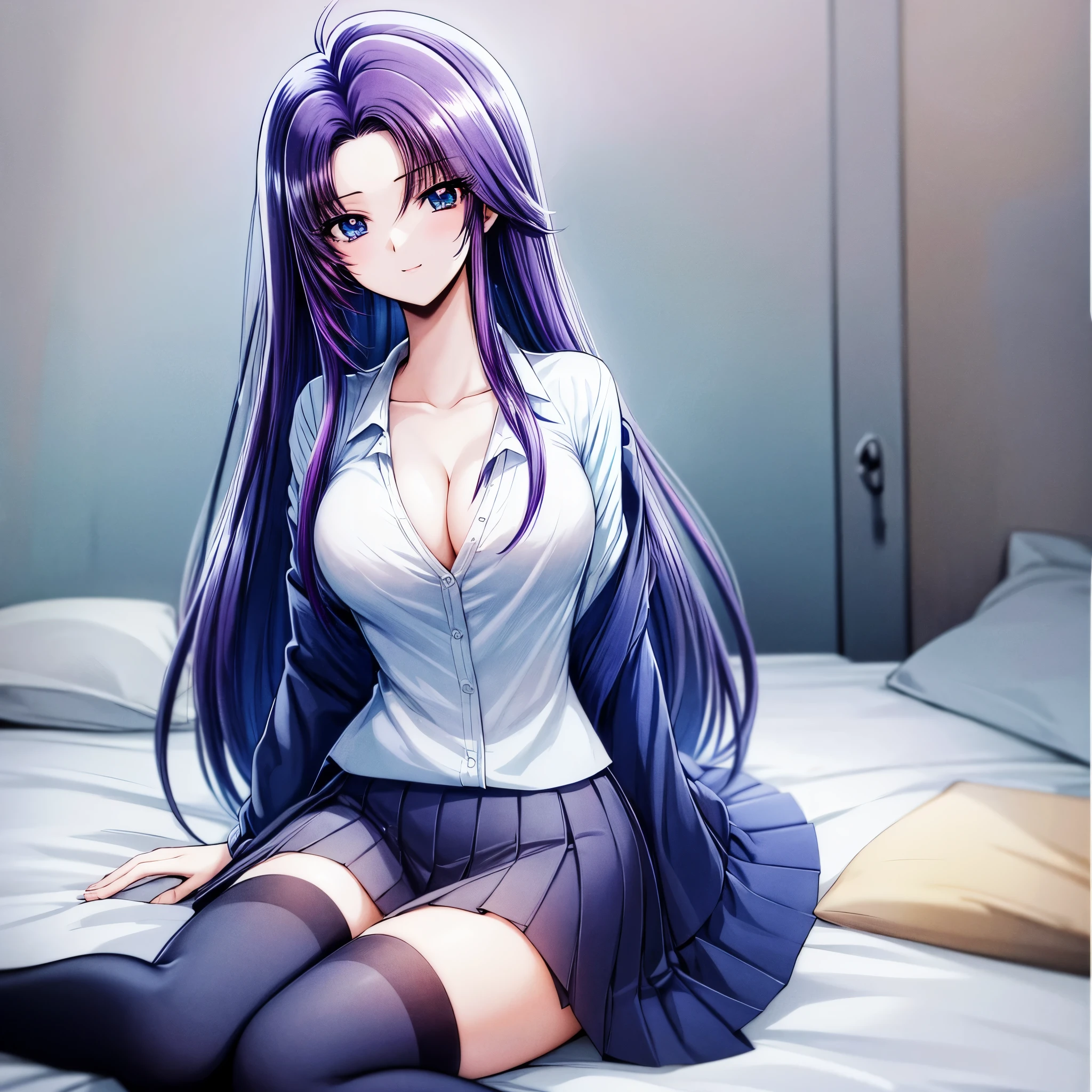 source_anime, high res image, masterpiece, best quality, highly detailed
clear skin, shiny hair,a dark haired anime character sitting on a bed with her skirt tucked up , 1girl, solo, blue eyes, purple hair, skirt, thighhighs, breasts, smile, sitting, cleavage, shirt, long hair, black hair, looking at viewer, white shirt, black thighhighs, pleated skirt, pillow, shirt tucked in, short sleeves, parted lips, bangs, blush, blue skirt, collared shirt, collarbone, on bed, yokozuwari,