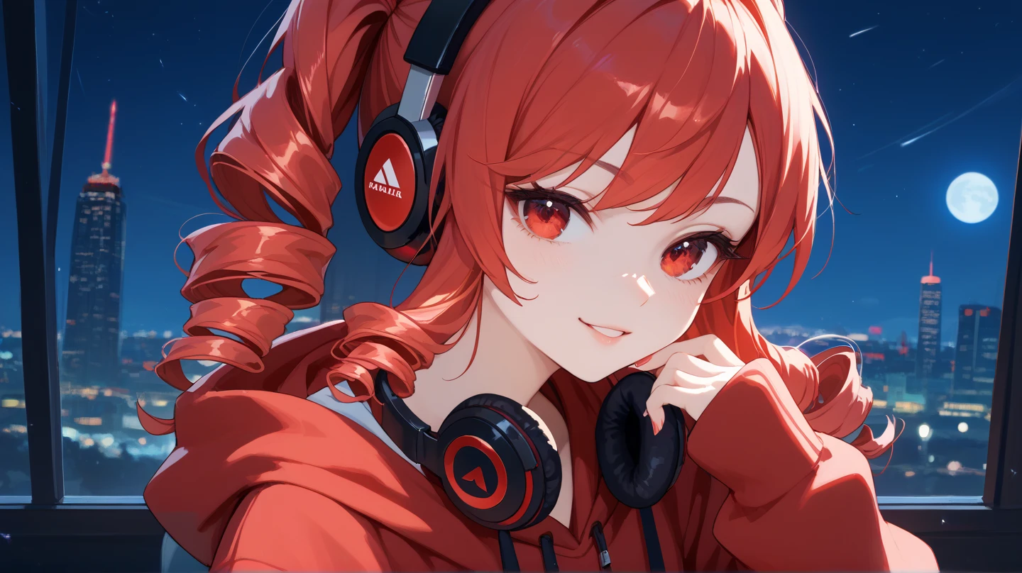 Girl red eyes red Drill Twin hair hoodie Headphones night