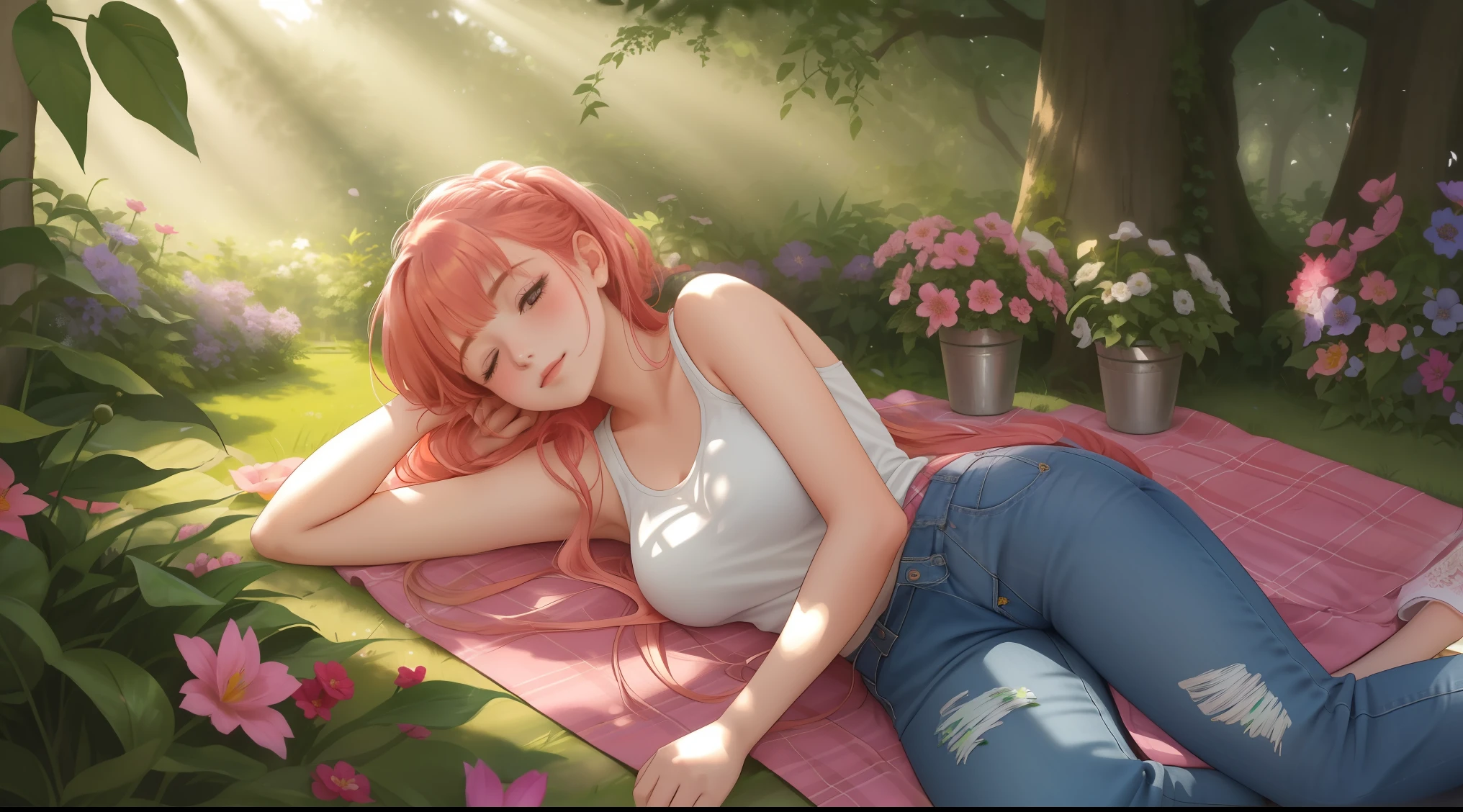 "A wide-angle, top-down view of a young woman peacefully sleeping in the middle of a lush and vibrant flower garden surrounded by numerous tall, leafy trees. The garden bursts with colors—pinks, purples, yellows, and whites—that stretch endlessly, creating a magical and serene atmosphere. The woman lies relaxed in the center, her blonde-red hair tied back, dressed in a pink tank top, long denim jeans, and white sneakers, with a plaid flannel shirt tied casually around her waist. Sunlight filters through the dense tree canopy, casting dappled light and soft shadows across the flowers and her tranquil figure. The expansive view captures the harmony of the enchanting garden and the peaceful shelter of the surrounding forest, evoking a sense of wonder and calm."
