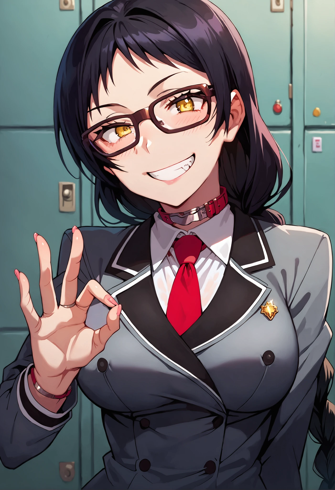 score_9, score_8_up, score_7_up, source_anime, shiny body, ayame_kajou, 1girl, glasses, solo, black hair, braid, long hair, yellow eyes, smile, school uniform, red necktie, blazer, skirt, collar, white shirt, large breasts, happy, grin, sex gesture, simple back ground
