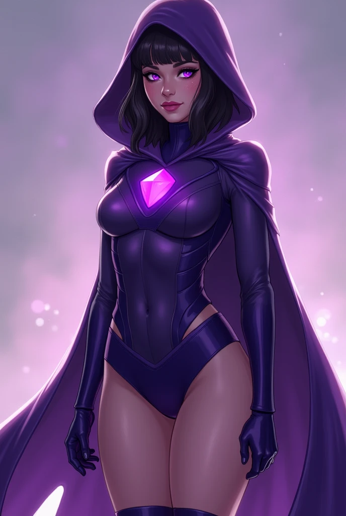 Woman, 30 years old, grey skin, ruby on forehead, purple cape and hood, black swimsuit. in a comic book style.