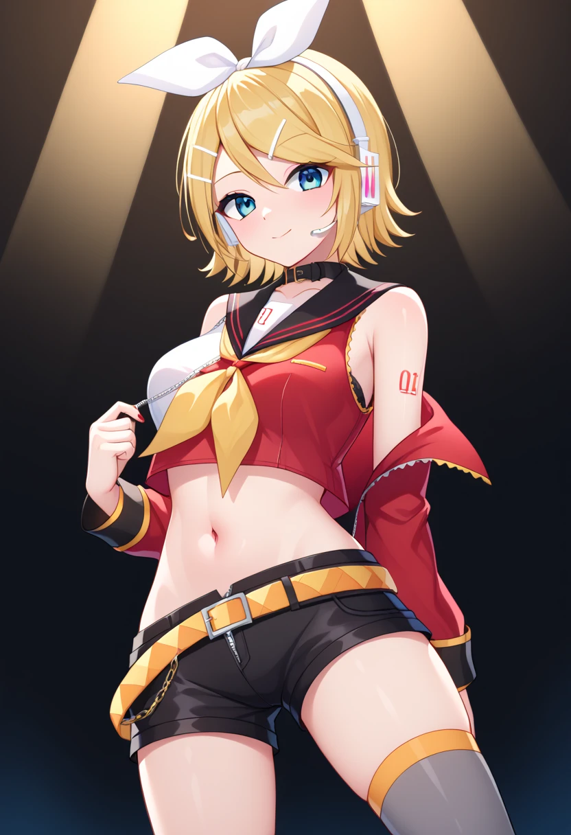 score_9, score_8_up, score_7_up,score_6_up, score_5_up, score_4_up , 1girl, solo, ((SPLIT-COLOR HAIR)), ((brown hair)), ((blonde hair)), large breasts, rin kagamine, blonde hair, blue eyes, hair bow, headset, short hair, headphones, bare shoulders, belt, black sailor collar, black shorts, bow, crop top, detached sleeves, grey legwear, grey shorts, grey sleeves, hair bow, leg warmers, neckerchief, sailor collar, school uniform, shirt, short shorts, short sleeves, shorts, white bow, white shirt, yellow neckerchief, meiko (vocaloid), skirt, crop top, wrist cuffs, red skirt, midriff, navel, breasts, cleavage, miniskirt, medium breasts, zipper, red jacket, collar, sleeveless, shirt, jacket, bra, sleeveless jacket, red shirt, detached collar, black bra, stomach, bare shoulders, zipper pull tab, belt, underwear, cropped jacket, collarbone, red nail, flirting, cowboy shot, stage lights, concert, stage