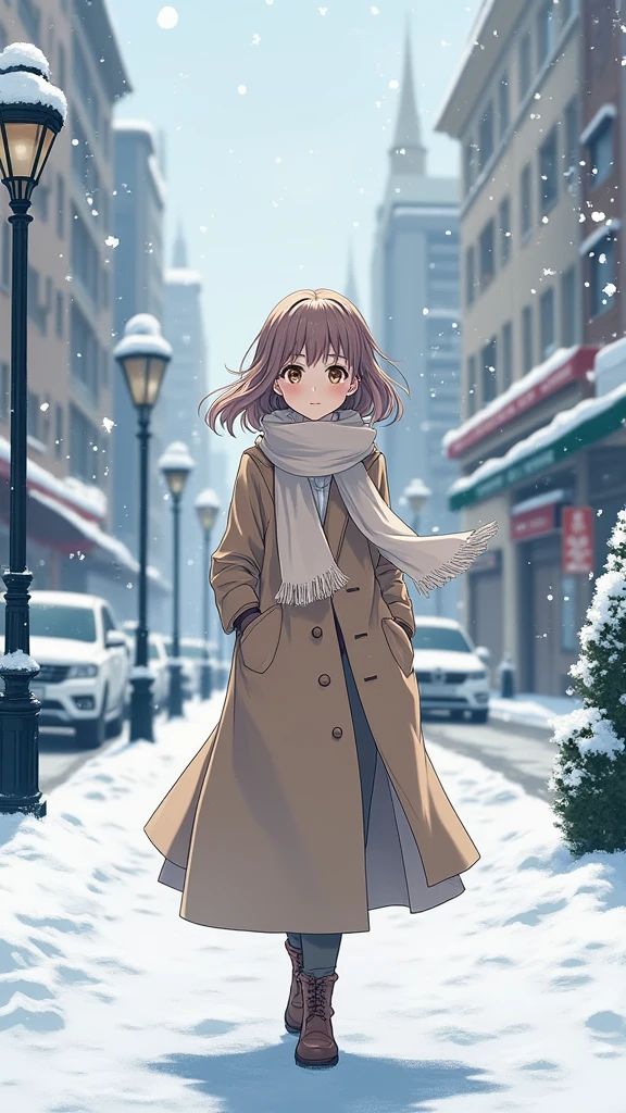 beautiful woman walking in a snowy city, she wears a scarf and a trenchcoat, photorealistic illustration, anime style