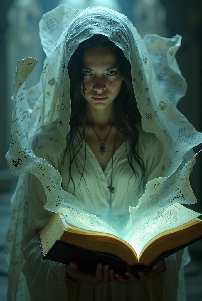 ((obra-prima)), ((melhor qualidade)), ((cinematic lighting): 1.0), ((medium close-up): 1.0)uma bruxa, cabelo branco, pale skin, olhos vermelhos, holding an open grimoire. ((Behind her, various demonic creatures look at the book, preparing to leave your hellish prison): 1.2), ((lots of demons around): 1.2)