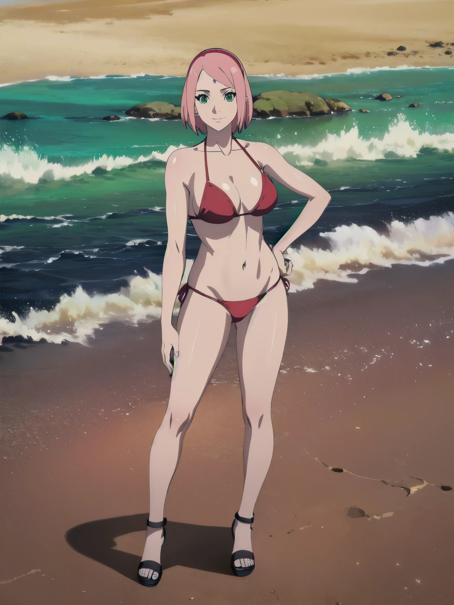 anime style, solo, 1 woman, super ultra details, very high resolution, perfect anatomy, ultra detailed face, high vibrance, (blue light), ((cold colors)), 1girl, haruno sakura, (tall, thin belly, off-shoulders, biceps, closed fists, pale skin, long belly, small breasts, forehead mark), ((red t-back bikini, red hair band)), looking at viewer, (beach, stretching, armpit line), floating hair, big smile, cowboy shot, (reddish pink hair, short hair), spring time