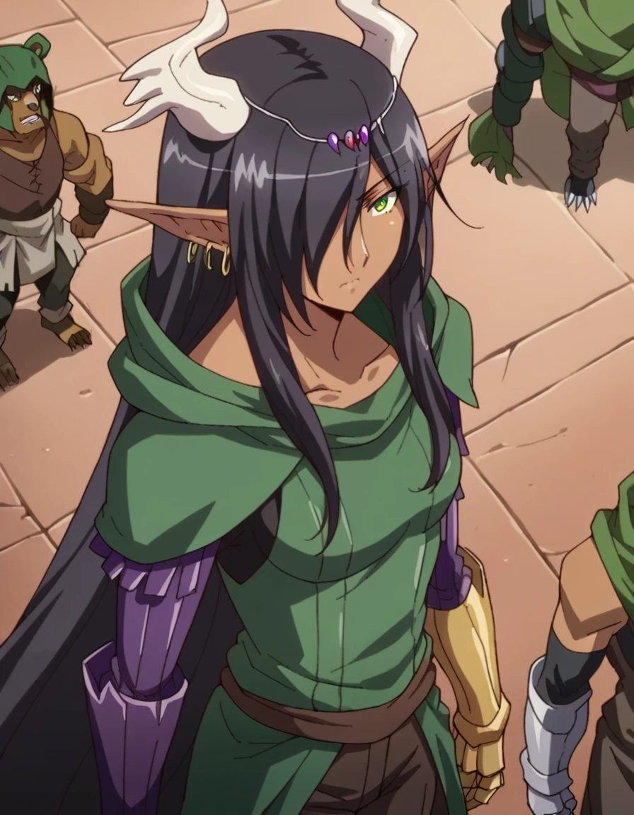 score_9, score_8_above, score_7_above, source _animated, Olgadiscordia , Olga Discord, long hair, black hair, green eyes, very long hair, pointy ears , dark skin , hair over an eye , hembra de dark skin , elf, dark elf, outdoor, urban landscape, looking at the viewer , Dutch angle, cowboy shot, green hood , green scarf, túnica, green armor, bull horns coming out of each shoulder, black metal gauntlets, bear claw, Big boobs, armor, metal armor, metal guantlets, túnica, long pants