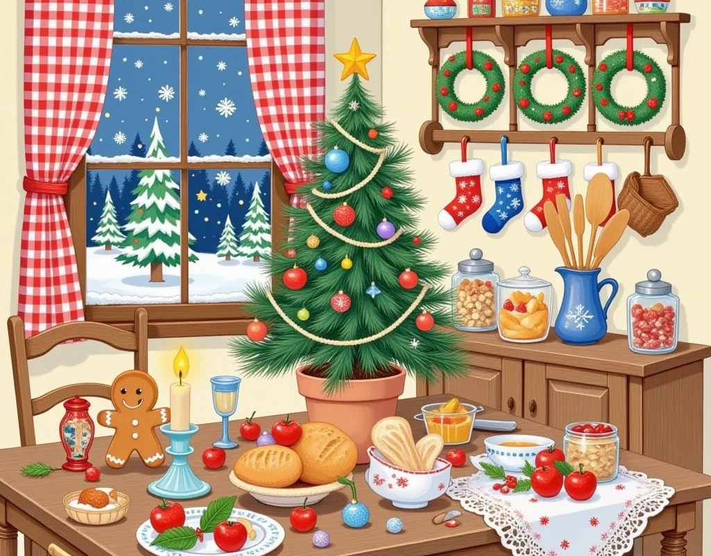 Christmas illustration ，Plaid curtains ， Kitchen table with bread 、cake、Candle、glass、Christmas tree、Gingerbread Man、 apples、tableware、 with socks and Christmas wreaths hanging on the wall。Girl&#39;s back。Artist's signature in the bottom right corner"Jennie"