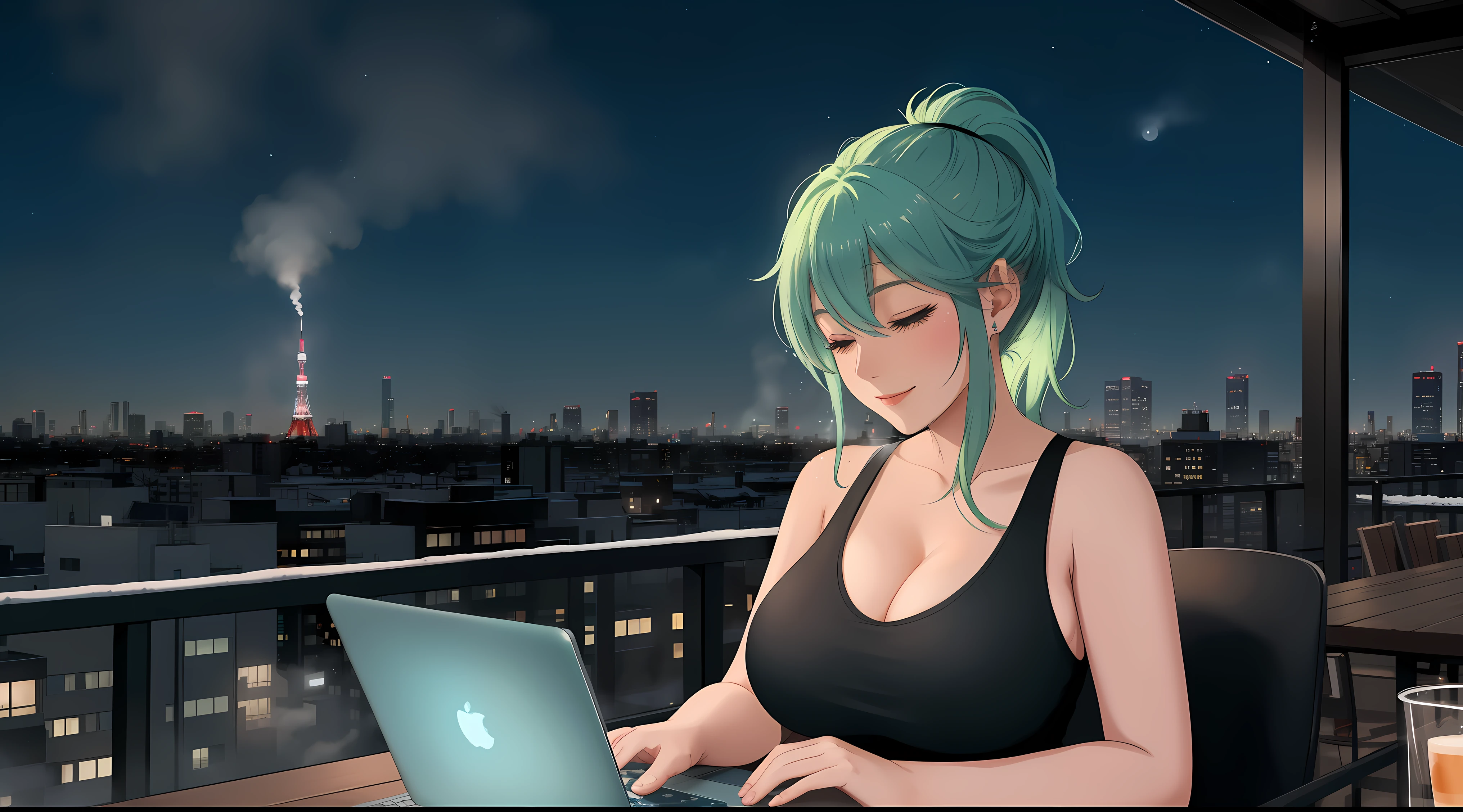 "A woman big breast with green hair tied in a ponytail sits on a chair on a rooftop balcony, gazing up at the starry night sky. She is dressed in a black tank top and blue jeans, her posture relaxed yet thoughtful. A laptop is open on the small table beside her, and a steaming cup of coffee sits next to it, the gentle steam rising into the chilly night air. The rooftop balcony provides a stunning view of a snowy Tokyo skyline, with rooftops below blanketed in white and glowing neon signs reflecting off the snow. The iconic Tokyo Tower stands illuminated in the distance, surrounded by scattered stars and the soft glow of a crescent moon. The cold winter breeze brushes her hair gently as she alternates between working on her laptop and admiring the peaceful urban landscape. The scene is a harmonious blend of tranquility and productivity, with the warmth of the coffee and the glow of the laptop contrasting beautifully against the crisp, snowy night and the vibrant city lights below."
