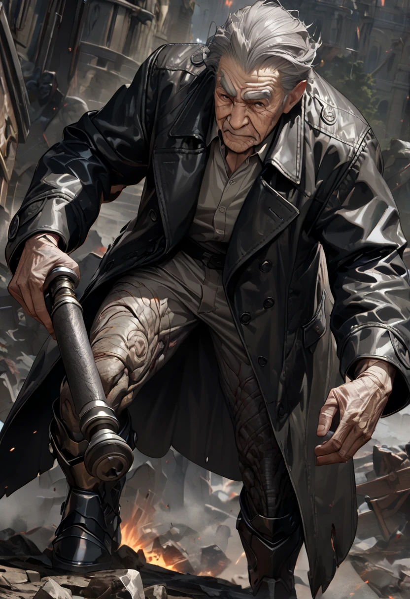 ((UHD, masterpiece, anatomically correct, textured skin, super detail, high details, best quality, highres icon, Detailed and precise manual expression:1.3,  Incredibly Absurd )), 1old man,  an elderly man, Strong build, black trench coat, Iron plate boots, Gray hair standing on end, Fierce face,  Thick Willed Eyebrows ,  Holds a Giant Hammer,  Dynamic Touch 