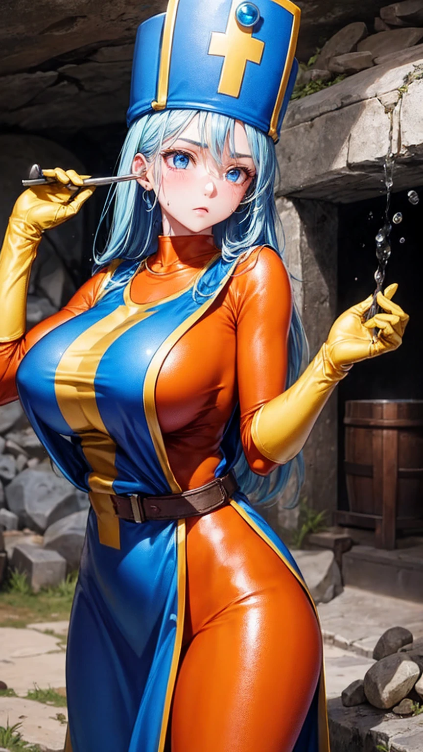 masterpiece, Highest quality,  Unreal Engine,  Super Resolution,  Very detailed, 

Beautiful woman, Dragon Quest Female Monk, long sky blue hair, Blue priest hat, Orange bodysuit, mitre, tabard, elbow gloves, Vivid expression, Healthy Body, Beautifully detailed sweat glands, Smooth skin texture, Carefully drawn, 

(humidity:1.5), (Hot Temperatures:1.5), Beautiful Eyes, (Attractive face:1.2), (Beautiful Skin), Tight waist, (Big Breasts), Round Breasts, (Sticky with sweat), Irresistibly sexy pose, 

In the world of Dragon Quest, (Inside the cave where you can see magma), 