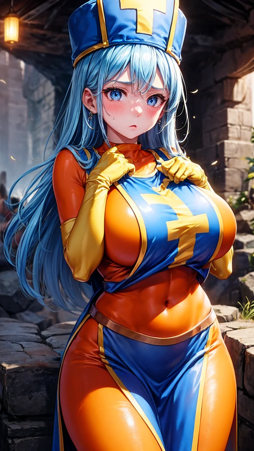 masterpiece, Highest quality,  Unreal Engine,  Super Resolution,  Very detailed, 

Beautiful woman, Dragon Quest Female Monk, long sky blue hair, Blue priest hat, Orange bodysuit, mitre, tabard, elbow gloves, Vivid expression, Healthy Body, Beautifully detailed sweat glands, Smooth skin texture, Carefully drawn, 

(humidity:1.5), (Hot Temperatures:1.5), Beautiful Eyes, (Attractive face:1.2), (Beautiful Skin), Tight waist, (Big Breasts), Round Breasts, (Sticky with sweat), Irresistibly sexy pose, 

In the world of Dragon Quest, (Inside the cave where you can see magma), 