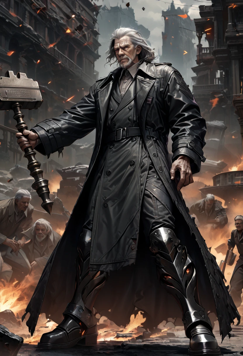 ((UHD, masterpiece, anatomically correct, textured skin, super detail, high details, best quality, highres icon, Detailed and precise manual expression:1.3,  Incredibly Absurd )), 1old man,  an elderly man, Strong build, black trench coat, Iron plate boots, Gray hair standing on end, Fierce face,  Thick Willed Eyebrows ,  Holds a Giant Hammer,  Dynamic Touch 