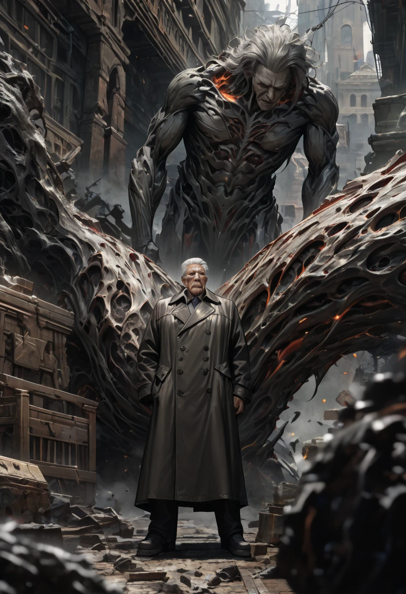 ((UHD, masterpiece, anatomically correct, textured skin, super detail, high details, best quality, highres icon, Detailed and precise manual expression:1.3,  Incredibly Absurd )), 1old man,  an elderly man, Strong build, black trench coat, Iron plate boots, Gray hair standing on end, Fierce face,  Thick Willed Eyebrows ,  Holds a Giant Hammer,  Dynamic Touch 