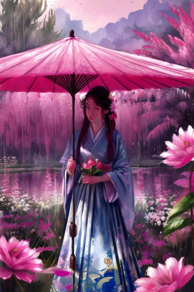 Women with umbrella, wearing  Myanmar traditional pink shirt and floral long skirt, in the flower garden, alone, oil and watercolor painting 