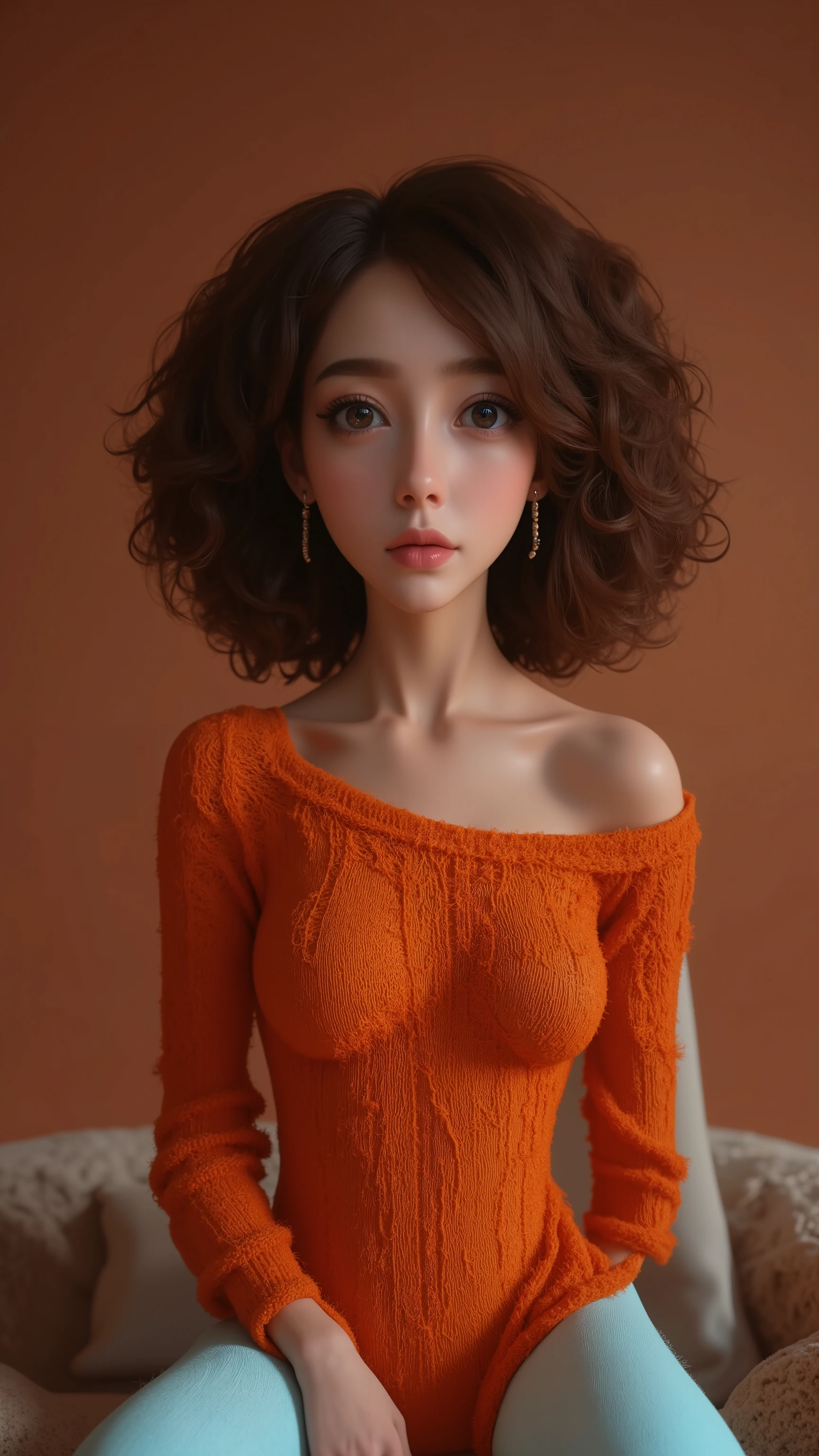 Vietnamese girl, golden curly hair, round face, contagious smile, light green eyes, 1, 50 tall, 17 years old, perfect breasts, perfect butt, toned legs. Clothing: Low-cut black sweater, tight black shorts. Pose: in a happy pose with a confident and passionate look, black background.
