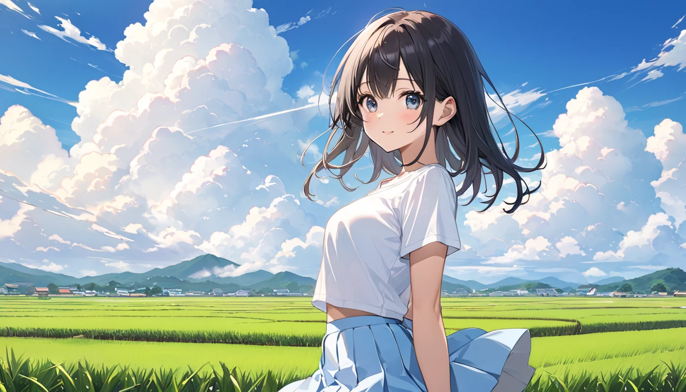   high school girl、 Short-sleeved plain shirt   、   with rice paddies stretching all the way to the horizon 、  I have a light blue miniskirt   、Clear sky and cumulonimbus clouds    