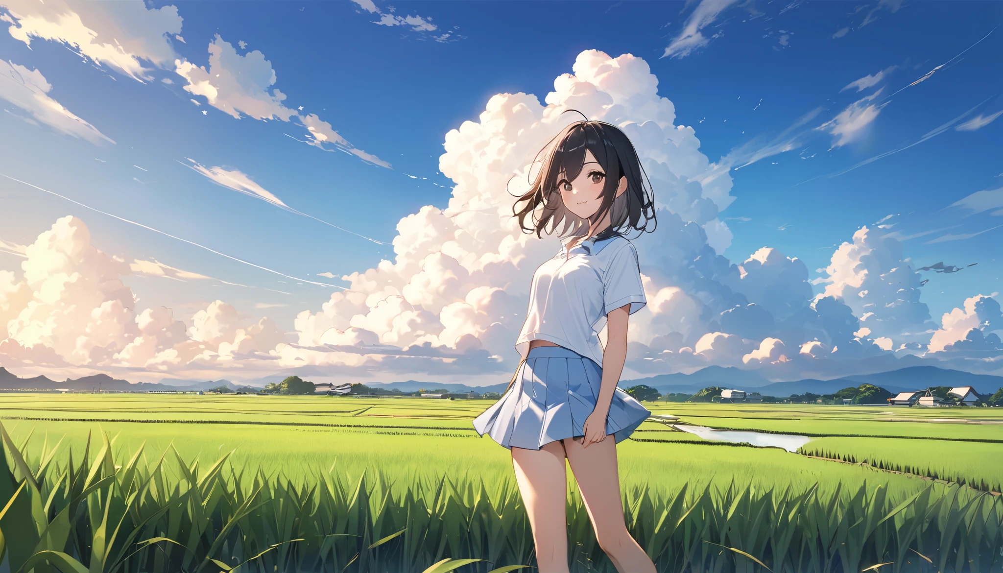   high school girl、 Short-sleeved plain shirt   、   with rice paddies stretching all the way to the horizon 、  I have a light blue miniskirt   、Clear sky and cumulonimbus clouds    