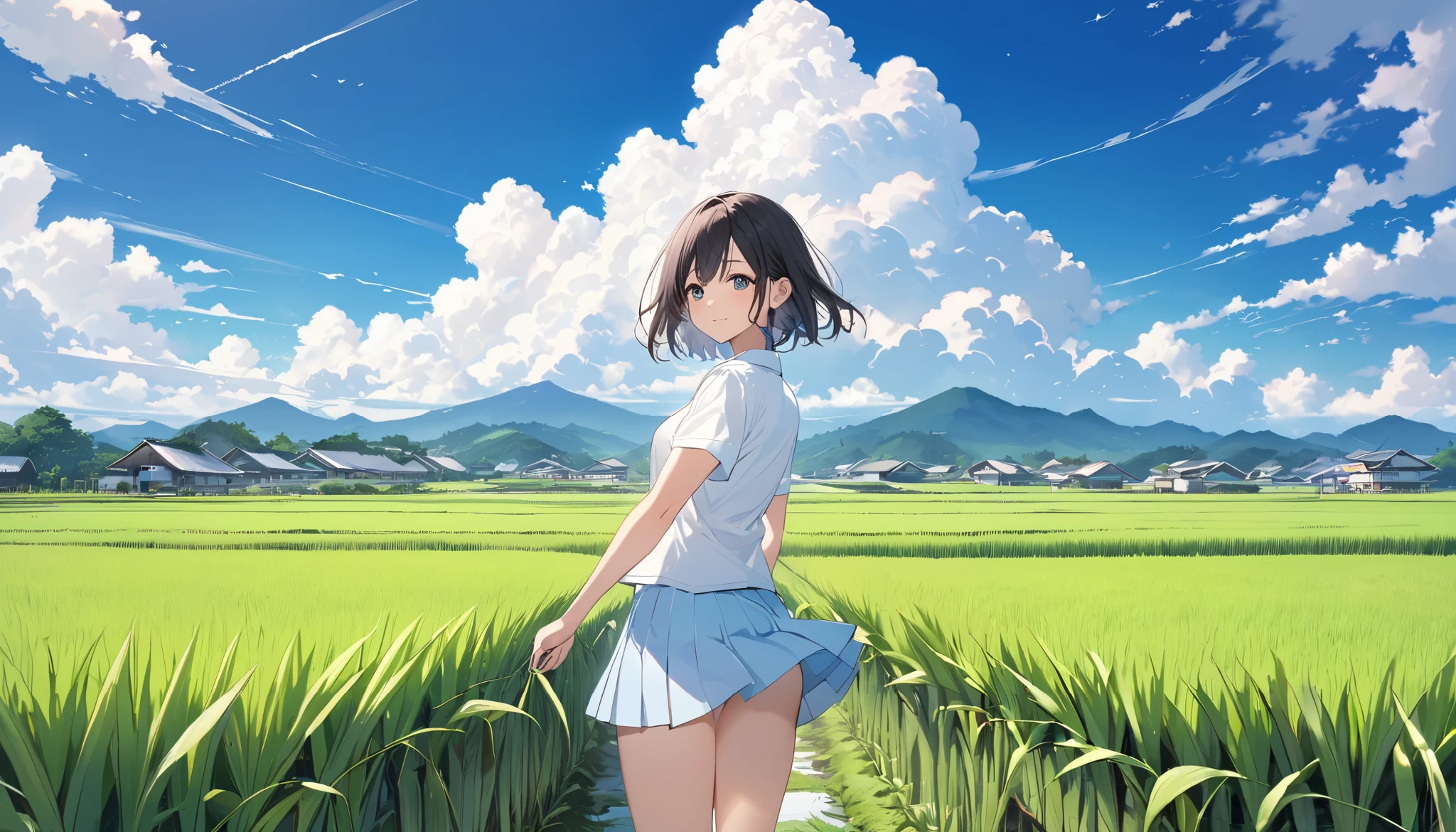   high school girl、 Short-sleeved plain shirt   、   with rice paddies stretching all the way to the horizon 、  I have a light blue miniskirt   、Clear sky and cumulonimbus clouds    