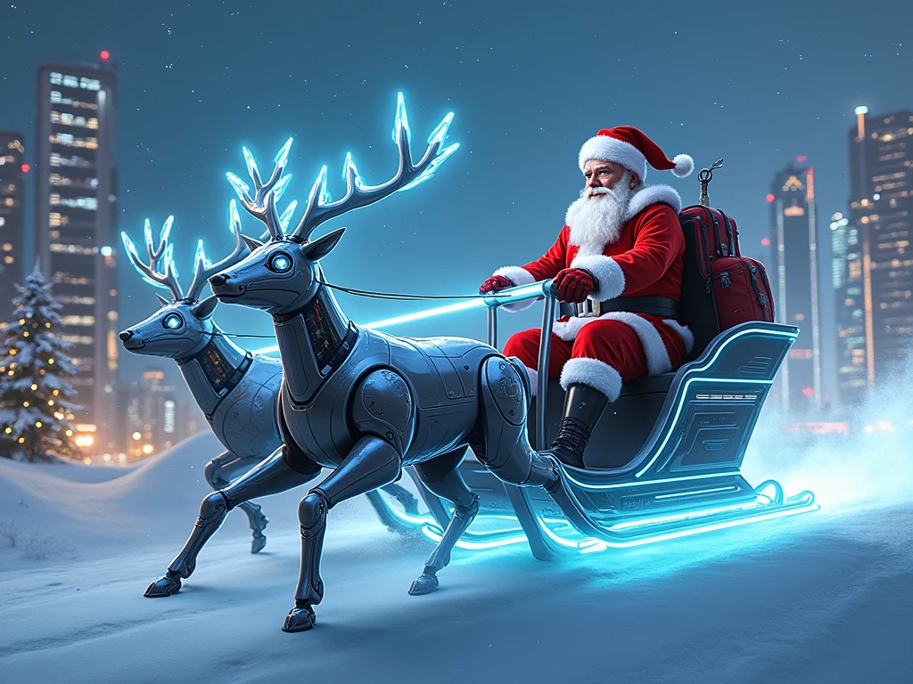 "Create a stunning and futuristic illustration of Santa Claus riding an advanced, high-tech sleigh designed for the 22nd century. The sleigh is sleek and aerodynamic, made of shimmering, metallic alloys with glowing neon-blue accents and holographic controls. It hovers effortlessly above the snowy ground, powered by antigravity technology and emitting a gentle, otherworldly hum. Instead of traditional reindeer, the sleigh is driven by robotic, cybernetic deer with glowing eyes and intricate mechanical parts, their antlers radiating beams of light that cut through the darkness.

Santa himself wears a modernized suit, blending his classic red and white colors with high-tech armor-like textures and digital interfaces embedded in his gloves. His iconic hat now features a small, glowing sensor at the tip. The backdrop showcases a futuristic cityscape on a snowy Christmas Eve, with towering skyscrapers adorned with holographic Christmas lights and bustling hovercrafts in the distance. Santa’s sleigh zooms through the starry sky, leaving a dazzling trail of sparkling energy as he embarks on his mission to deliver presents in this ultra-modern age, merging the magic of Christmas with the marvels of future technology."