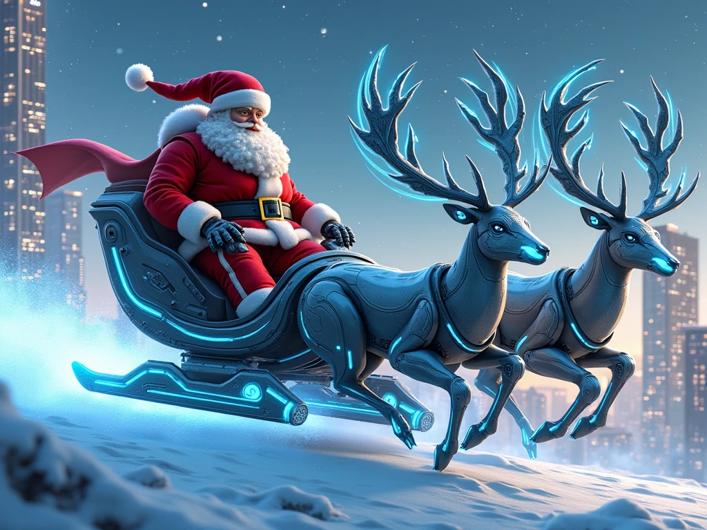 "Create a stunning and futuristic illustration of Santa Claus riding an advanced, high-tech sleigh designed for the 22nd century. The sleigh is sleek and aerodynamic, made of shimmering, metallic alloys with glowing neon-blue accents and holographic controls. It hovers effortlessly above the snowy ground, powered by antigravity technology and emitting a gentle, otherworldly hum. Instead of traditional reindeer, the sleigh is driven by robotic, cybernetic deer with glowing eyes and intricate mechanical parts, their antlers radiating beams of light that cut through the darkness.

Santa himself wears a modernized suit, blending his classic red and white colors with high-tech armor-like textures and digital interfaces embedded in his gloves. His iconic hat now features a small, glowing sensor at the tip. The backdrop showcases a futuristic cityscape on a snowy Christmas Eve, with towering skyscrapers adorned with holographic Christmas lights and bustling hovercrafts in the distance. Santa’s sleigh zooms through the starry sky, leaving a dazzling trail of sparkling energy as he embarks on his mission to deliver presents in this ultra-modern age, merging the magic of Christmas with the marvels of future technology."