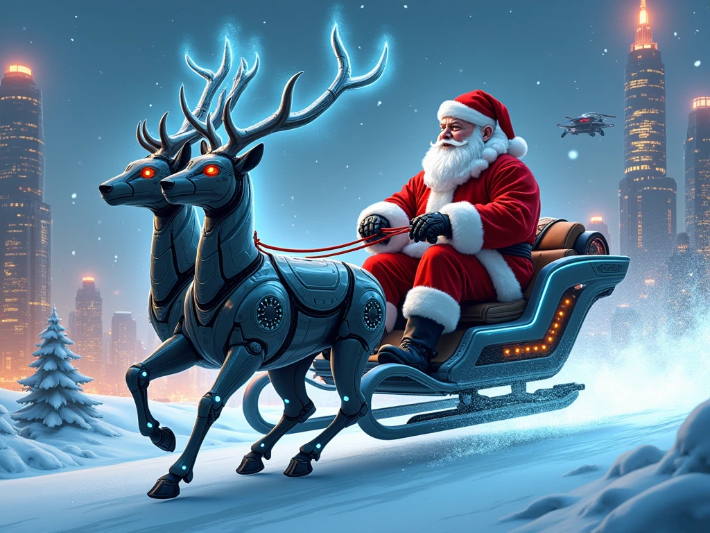 "Create a stunning and futuristic illustration of Santa Claus riding an advanced, high-tech sleigh designed for the 22nd century. The sleigh is sleek and aerodynamic, made of shimmering, metallic alloys with glowing neon-blue accents and holographic controls. It hovers effortlessly above the snowy ground, powered by antigravity technology and emitting a gentle, otherworldly hum. Instead of traditional reindeer, the sleigh is driven by robotic, cybernetic deer with glowing eyes and intricate mechanical parts, their antlers radiating beams of light that cut through the darkness.

Santa himself wears a modernized suit, blending his classic red and white colors with high-tech armor-like textures and digital interfaces embedded in his gloves. His iconic hat now features a small, glowing sensor at the tip. The backdrop showcases a futuristic cityscape on a snowy Christmas Eve, with towering skyscrapers adorned with holographic Christmas lights and bustling hovercrafts in the distance. Santa’s sleigh zooms through the starry sky, leaving a dazzling trail of sparkling energy as he embarks on his mission to deliver presents in this ultra-modern age, merging the magic of Christmas with the marvels of future technology."