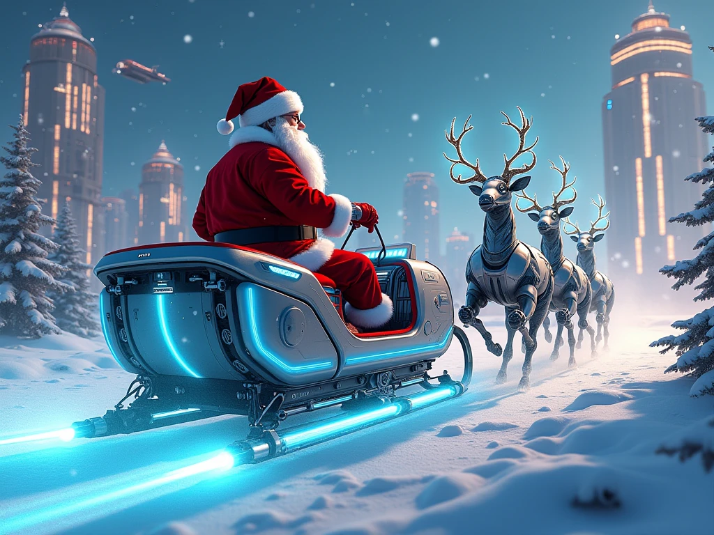 "Create a stunning and futuristic illustration of Santa Claus riding an advanced, high-tech sleigh designed for the 22nd century. The sleigh is sleek and aerodynamic, made of shimmering, metallic alloys with glowing neon-blue accents and holographic controls. It hovers effortlessly above the snowy ground, powered by antigravity technology and emitting a gentle, otherworldly hum. Instead of traditional reindeer, the sleigh is driven by robotic, cybernetic deer with glowing eyes and intricate mechanical parts, their antlers radiating beams of light that cut through the darkness.

Santa himself wears a modernized suit, blending his classic red and white colors with high-tech armor-like textures and digital interfaces embedded in his gloves. His iconic hat now features a small, glowing sensor at the tip. The backdrop showcases a futuristic cityscape on a snowy Christmas Eve, with towering skyscrapers adorned with holographic Christmas lights and bustling hovercrafts in the distance. Santa’s sleigh zooms through the starry sky, leaving a dazzling trail of sparkling energy as he embarks on his mission to deliver presents in this ultra-modern age, merging the magic of Christmas with the marvels of future technology."