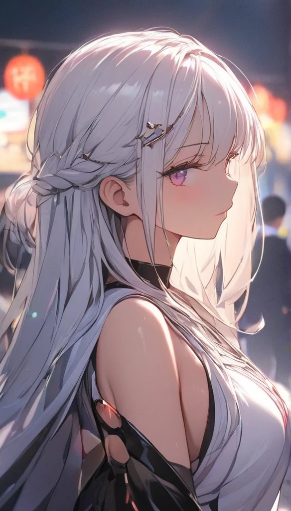 masterpiece,  top quality , 4K, Mecha, starry null, null, star(null), Cape,  headband , Thin legs,  long hair, White Hair,  cyberpunk,  depth of field ,  Blurry Background,