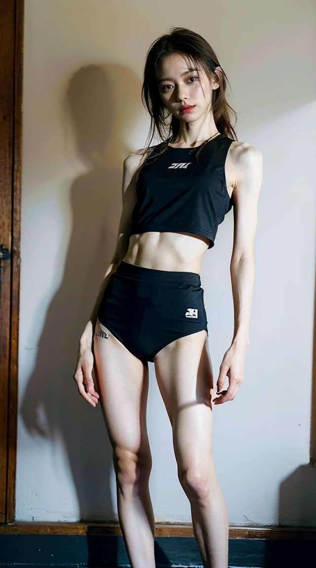 Black hair, short, healthy, energetic, smiling, sweat, tight T-shirt, short pants, whole body, platform sandals