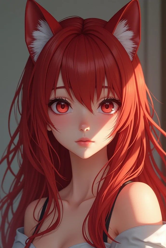 1girl, long_hair, dress, orange_hair, cleavage, solo, medium_breasts, makeup, black_hair, looking_at_viewer, bare_shoulders, red_eyes, freckles, upper_body