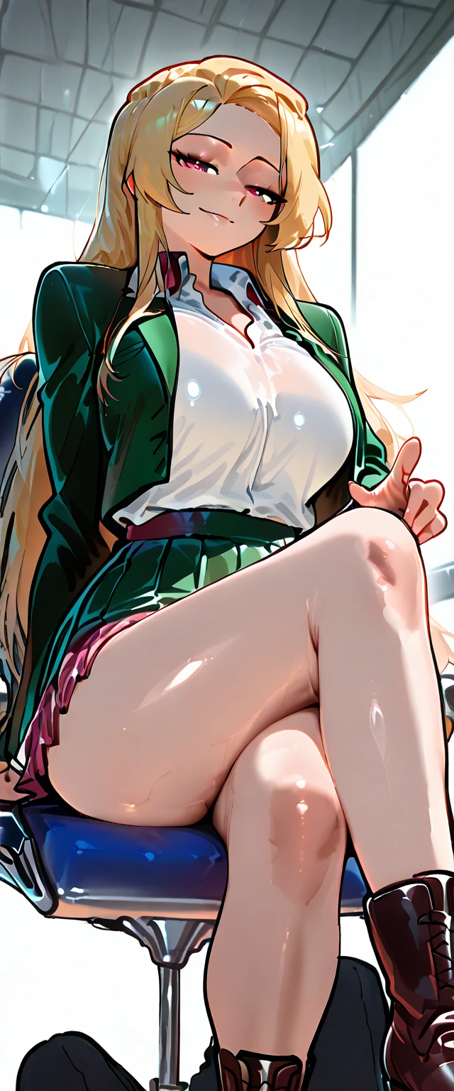 Anime girl sitting on a chair with her legs crossed,  seductive anime,  Pretty High School Anime Girl , blonde  anime girl with long hair ,  Attractive anime girl , a hyperrealistic schoolboy, best anime girl, hyperrealistic schoolboy, realistic schoolboy, beautiful anime girl,milf,  anime girl with long hair 