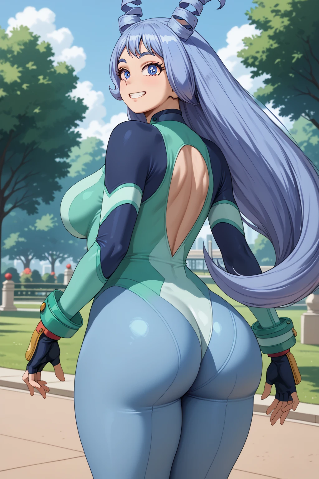 ((hado nejire)), ((masterpiece)), ((high resolution)), ((cartoon style)), ((solo portrait)), ((back view)), {(attractive figure), (large breasts), (beautiful legs), (thick thighs), (round face), (long blue hair), (spiral horns), (blue eyes), (long eyelashes), (small eyebrows), (cute grin)}, {(hero costume), (blue bodysuit), (fingerless gloves)}, {(looking at viewer)}, ((park))