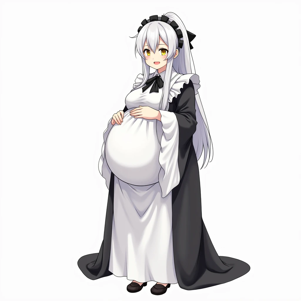 art by kipteitei, Weiss, white dress, white leggings, long white hair, obese body, round belly, intimate, looking to the right, smiling face, cartoon, hands behind body, no extra limbs, no extra fingers, 1girl, age 20