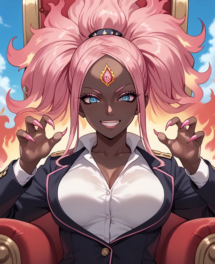 woman, flaming hair, black skin, jentry chau style, anime style, pink fire powers, blue eyes, pink hair, third eye on forehead, voluminous hair, sky, smile, gyaru style, eye on forehead, claws covered in pink fire, pink fire, throne of pink flames, big hair, medium breasts