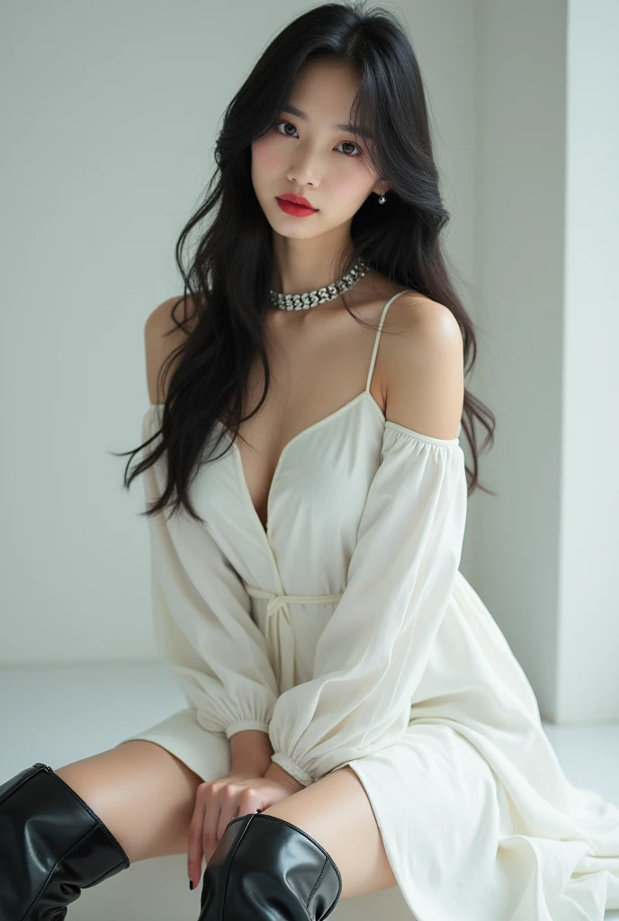 beautiful girl,sexy,braiding black hair,Wear a white, long-sleeved, off-the-shoulder t-shirt.,Wear shorts.,Wear stockings,sitting on the table,in the classroom